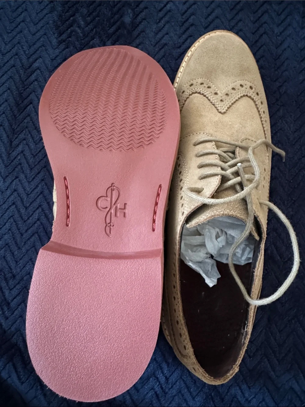 NWT! Cole Haan Men's Suede Wingtip Oxfords in Beige with Pink Sole